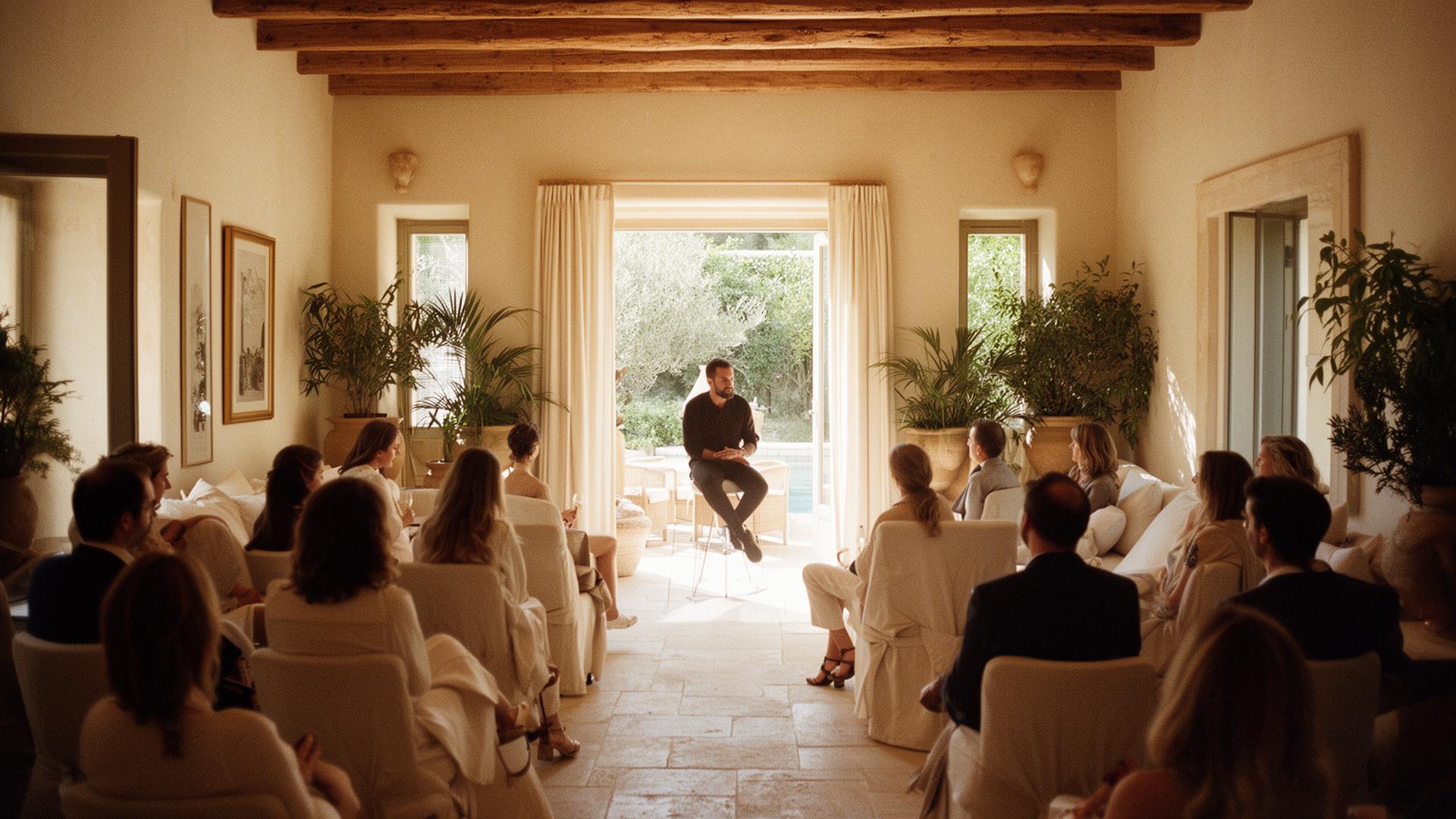 Charla íntima en una villa mediterránea